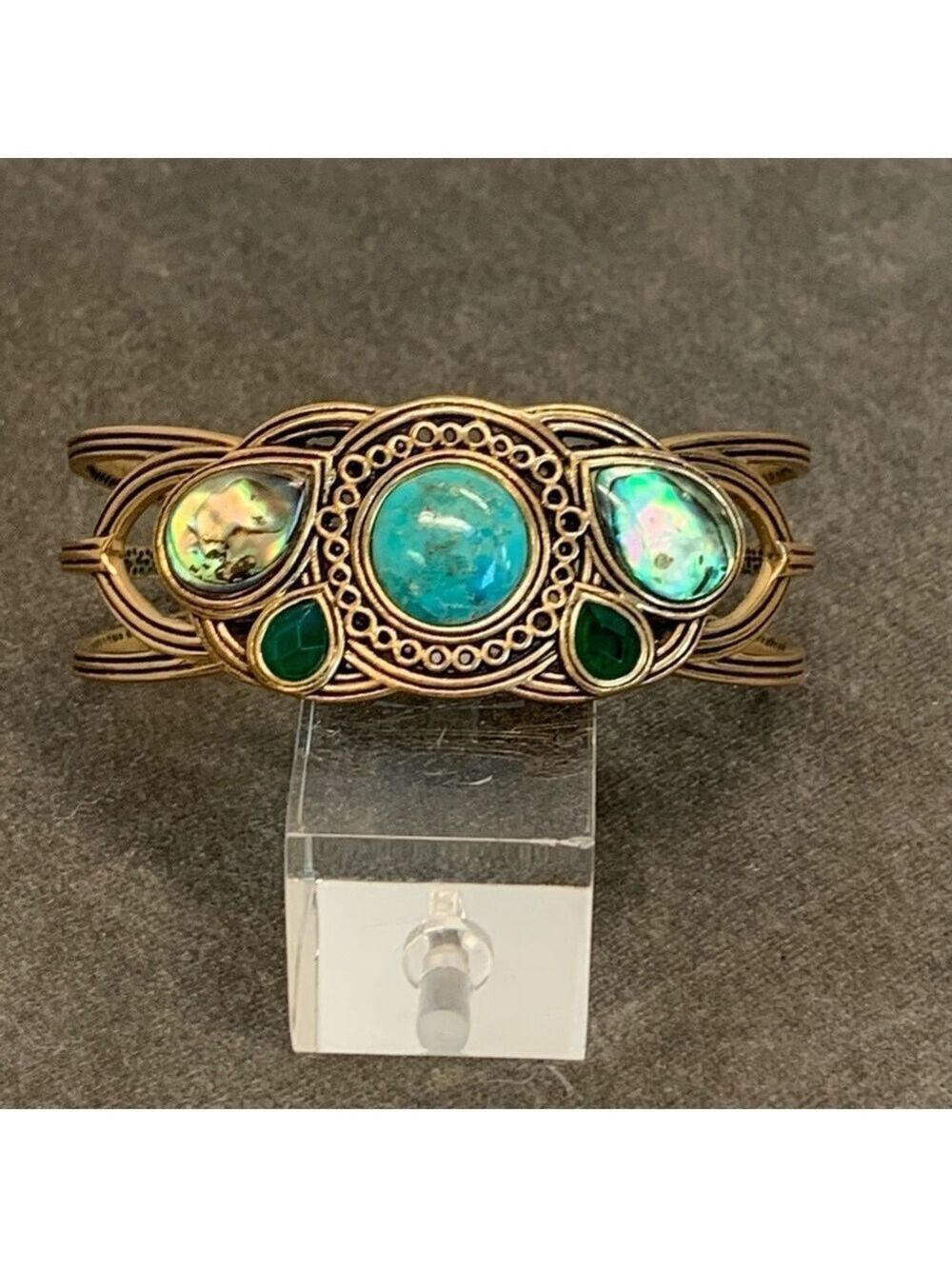 Barse Bronze metal Genuine Turquoise Abalone and green onyx bangle bracelet